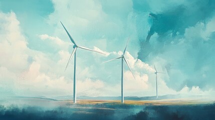 Three wind turbines rotating in serene open field landscape