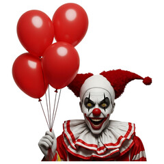 Scary clown with red balloons and evil grin