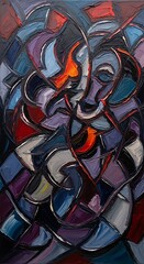 Obraz premium A vibrant, abstract artwork featuring interwoven, multifaceted forms and bold, contrasting colors.