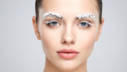 Fototapeta premium A woman gazes forward, with snow-like material adorning her eyebrows and eyelashes, against a neutral background