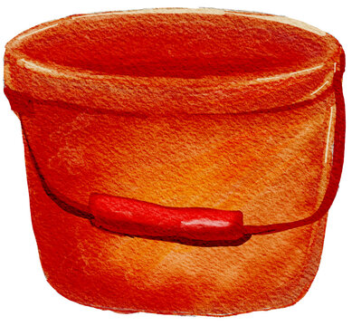 Watercolor painting of a red or orange bucket.