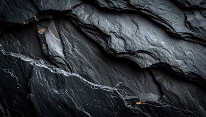 Close-up, layered black slate rock formation with light-colored fissures and subtle texture, emphasizing dark, natural, and geological aspects
