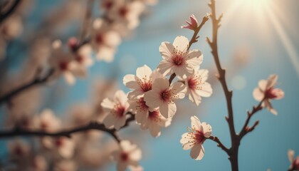 Almond blossoms blooming in sunny outdoor setting