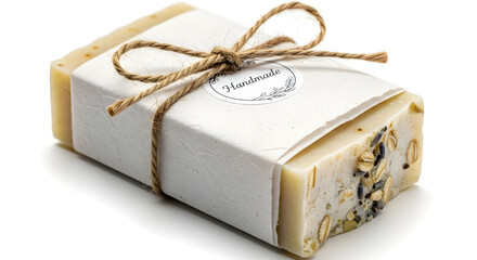Handmade artisan soap bar wrapped in textured paper and tied with rustic twine, perfect self care treat