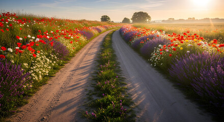 Stunning summer landscape with vibrant wildflowers lining a rustic dirt road at sunrise