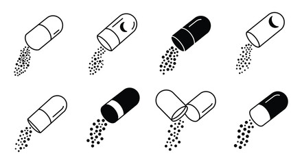 Pills and Capsules with Medicine Powder Pouring Out in Black and White