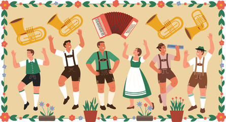 Oktoberfest vector illustration of people dancing in traditional Bavarian clothing with brass instruments and accordion, celebrating German cultural festival.