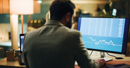 Chart, back or business man with computer screen for stock market analysis, finance or data at...