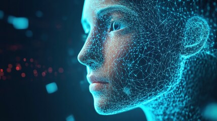 Young Asian woman in digital environment with abstract lines at night