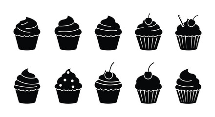 Ten Simple Black Silhouettes of Delicious Cupcakes