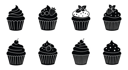 Collection of Cupcake Silhouette Illustrations with Various Toppings on a White Background