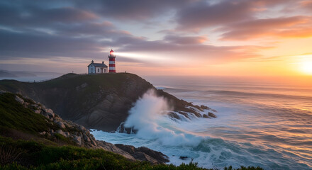 Stunning lighthouse on a cliff edge at sunset with waves crashing against rocks, vibrant scene
