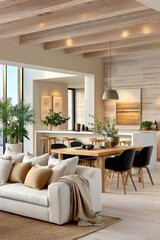 Fototapeta premium Cozy Scandinavian living room and kitchen with wooden accents and natural décor