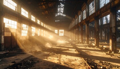 Sunbeams illuminate an abandoned factory