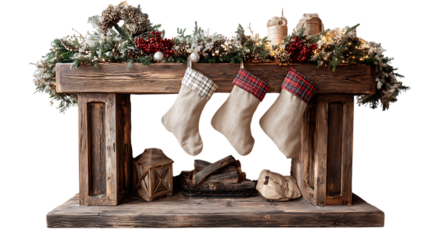 christmas socks hanging on a wooden stand isolated on white background