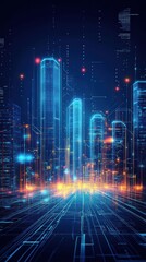 Futuristic cityscape with glowing lines and data streams at night