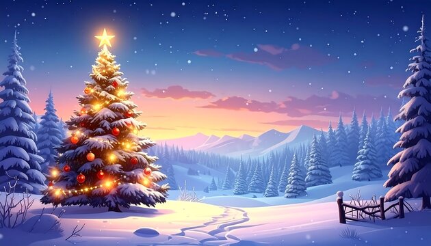 Snowy Christmas landscape with a decorated tree