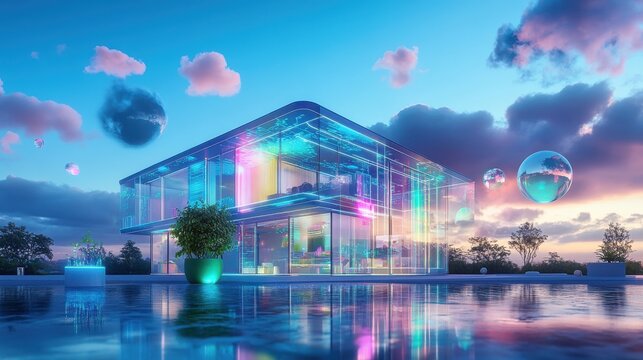 Futuristic house with neon patterns near water at dusk