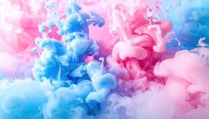 Ethereal clouds of pastel pink and blue ink blend and swirl together in a fluid, dreamlike dance, creating a soft, vibrant spectacle