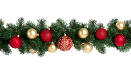 Christmas garland isolated on transparent background with red and gold ornaments, perfect for holiday decoration