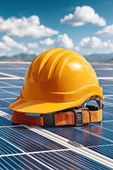 Yellow safety helmet on solar panels under sunny skies symbolizing renewable energy