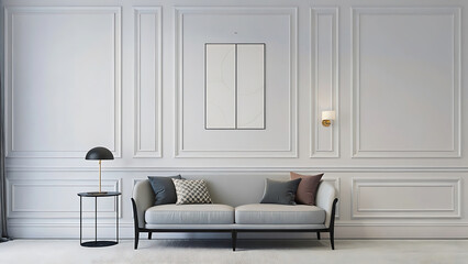 Small space living room interior with wall poster above comfortable sofa