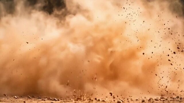 A dramatic, slow-motion ground explosion throws a huge cloud of dirt, dust, and debris high into the air.