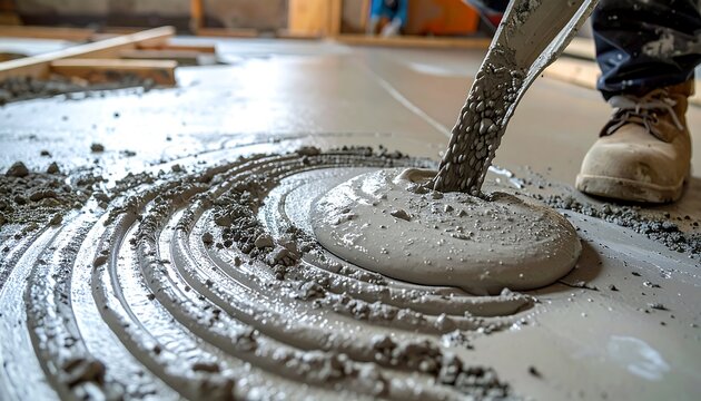 Concrete being poured and leveled on a floor