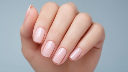 Elegant hand showcasing beautifully manicured nails with soft pink polish against a serene blue background for beauty and fashion concepts