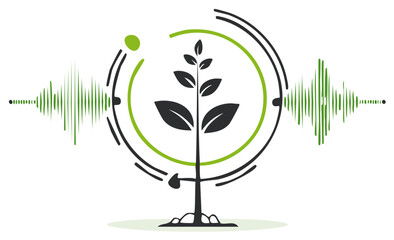 Plant with sound waves, growth analysis, plant monitoring vector illustration concept