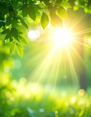 Obraz premium Bright sun bursts through vibrant green leaves, illuminating a bokeh-filled, dreamy, sun-drenched, idyllic, verdant forest scene