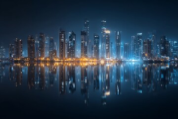 Fototapeta premium Stunning modern cityscape at night with vibrant lights reflecting on calm water creating a dramatic urban panorama