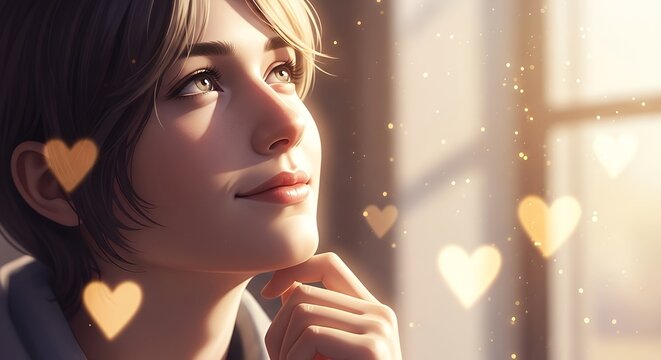 Young Woman with Short Blonde Hair Smiling Dreamily in Warm Soft Light with Heart Shapes - Powered by Adobe