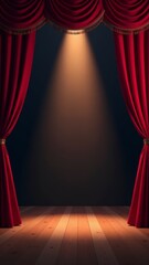 A theater stage with red curtains drawn back and a spotlight illuminating the wooden floor.