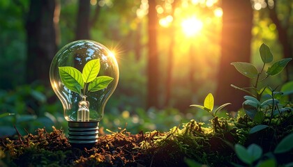 Sunlight shines on a small plant in a lightbulb