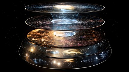 Abstract representation of layered universes with glowing lights and cosmic patterns against a dark background creating a sense of depth and wonder