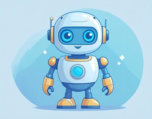 Cute robot, light blue and white, happy expression, cartoon style