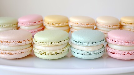 Obraz premium Close-up of a delicate French macaron in various pastel colors: A detailed image of an assortment of pastel-colored macarons neatly arranged on a plate, showing their smooth shells and creamy