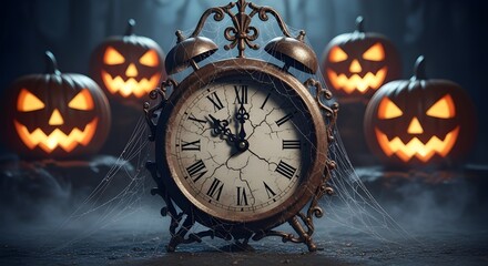 Spooky halloween alarm clock surrounded by glowing jack o lanterns in the dark