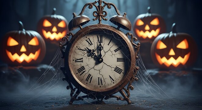 Spooky halloween alarm clock surrounded by glowing jack o lanterns in the dark