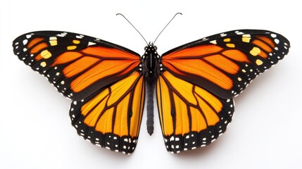 Fototapeta premium Orange butterfly with black wings and white spots isolated on white background symbol of beauty nature insect