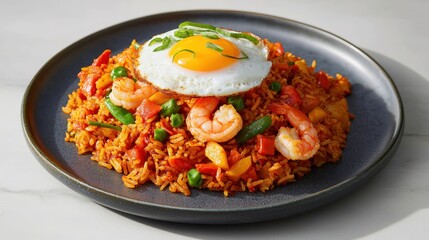 Colorful Indonesian nasi goreng with fried egg and shrimp: A vibrant plate of nasi goreng, featuring fragrant fried rice mixed with shrimp and vegetables, topped with a perfectly fried egg and