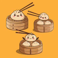 Cute cartoon dumplings with smiling faces in bamboo steamers, ready to be eaten with chopsticks.