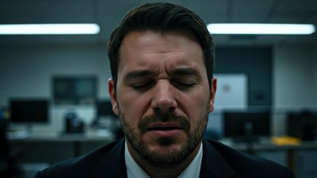 Stressed businessman with eyes closed in modern office. Close-up portrait banner. Stress, pain, and burnout concept. Business problems, headache, and mental health awareness - Powered by Adobe
