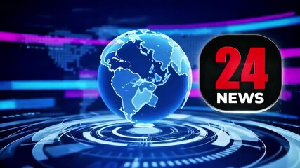 News broadcast graphic with globe and 24 News logo on a blue background. - Powered by Adobe