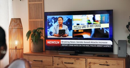 Tv screen, watching and woman in home with breaking news on gender based violence update. Broadcast, media report and female person in living room with television for live streaming in house.