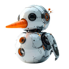 Futuristic metallic snowman robot with glowing orange details and a glass carrot nose.