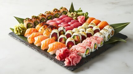 Beautifully arranged sushi platter with assorted rolls and sashimi: A vibrant sushi platter featuring colorful rolls, fresh sashimi, wasabi, and pickled ginger, artfully presented on a slate plate,