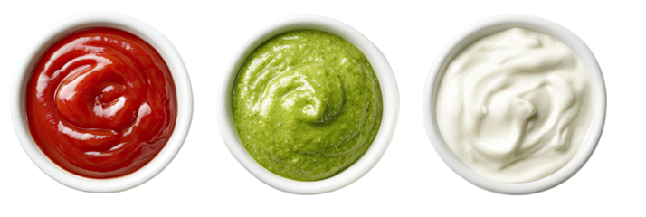 Three small white bowls of sauces red, green, and white