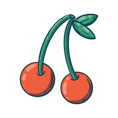 Bright red cherries with green leaves. Isolated design element on white background, hand drawing in playful doodle style. For children’s, summer, vegan, healthy food, cooking themes.
